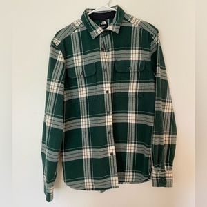Mens north face flannel green and white, like new
